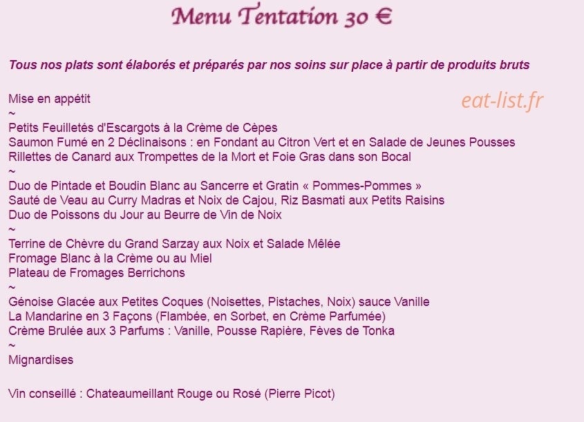 Carte et menu de Auberge de l'Abbaye de Noirlac à Bruere Allichamps — Menu Tentation