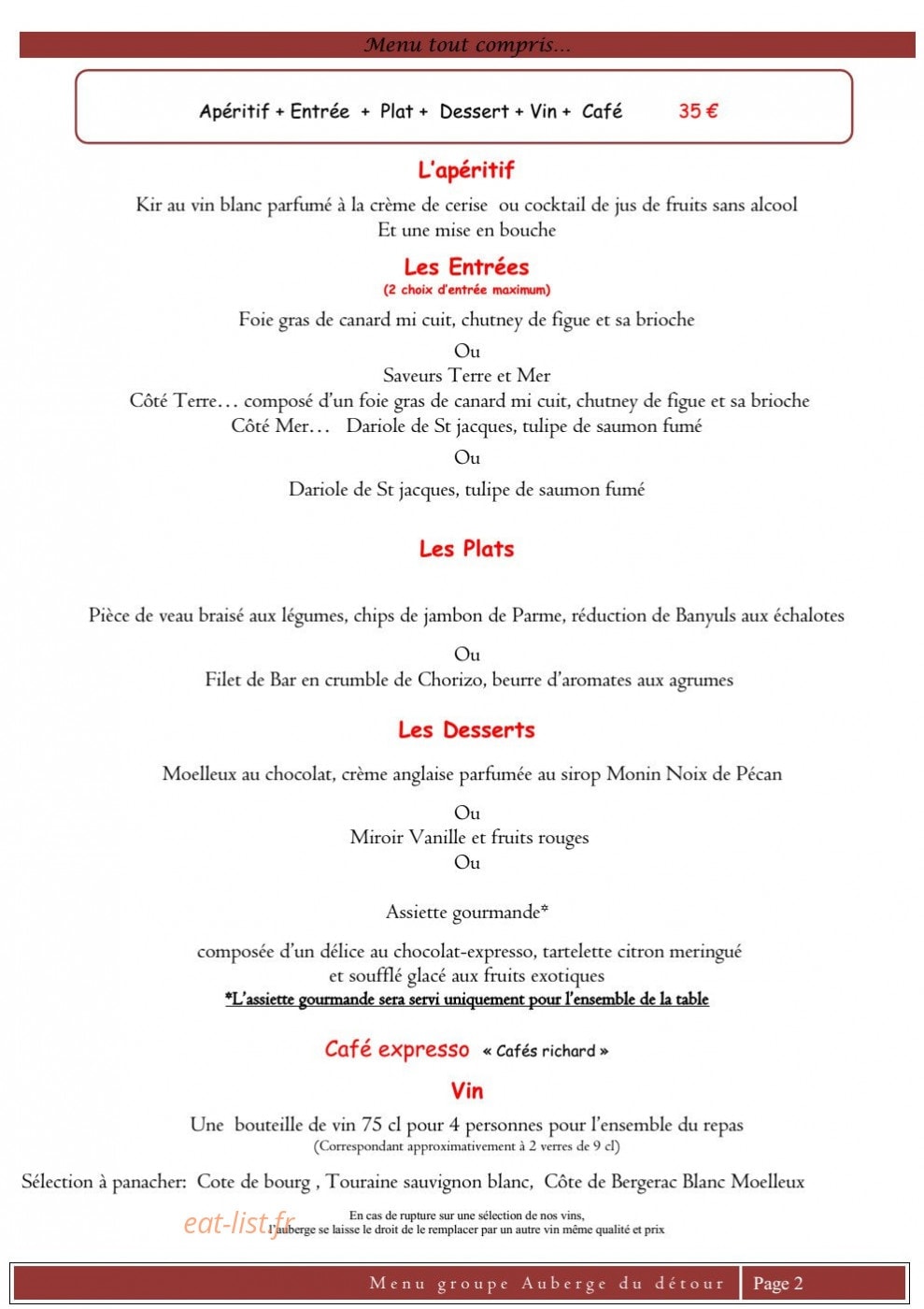 Auberge du Détour — carte page 2