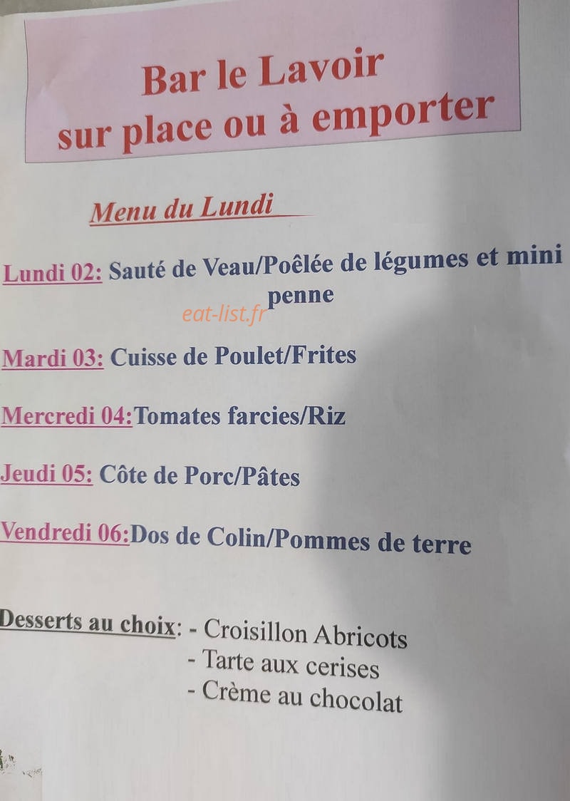 Bar Le Lavoir — carte page 1