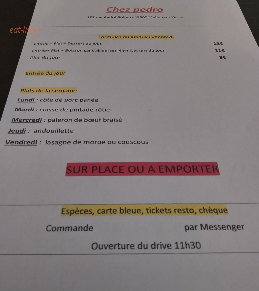 Chez Pedro — carte page 1