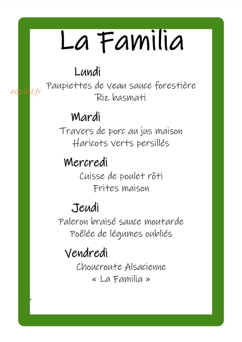 Carte et menu de La Familia à Mehun sur Yevre — Un exemple de menu de la semaine