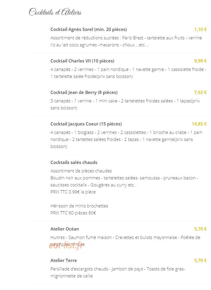 Carte et menu de Mehun Gastronomie à Mehun sur Yevre — Cocktails et ateliers