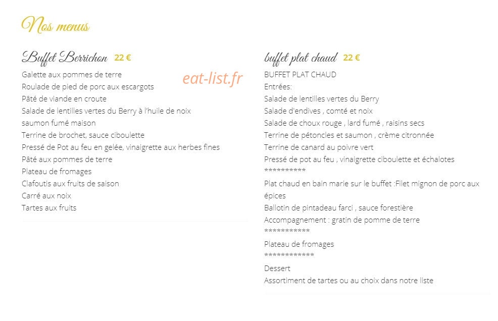 Carte et menu de Mehun Gastronomie à Mehun sur Yevre — Buffet berrichon et plat chaud