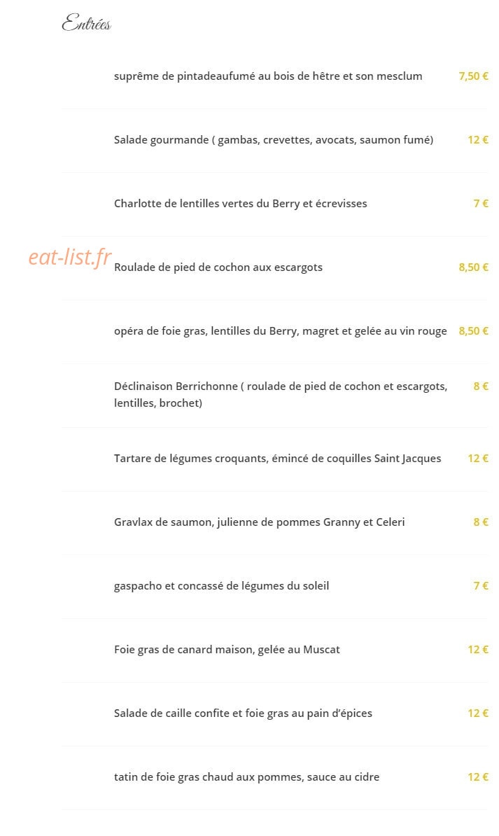 Carte et menu de Mehun Gastronomie à Mehun sur Yevre — Entrées