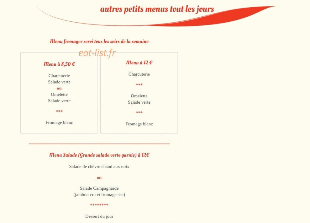 Carte et menu de La Ferme Auberge des Pirodelles à Augy sur Aubois — Autres petits menus tout les jours