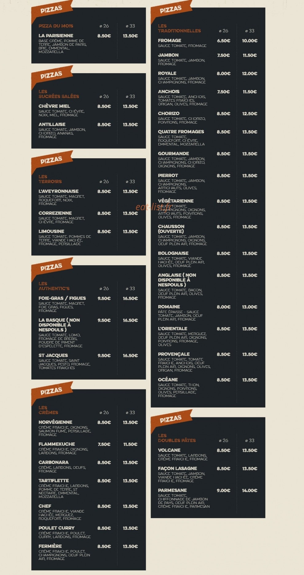 Authentic's pizza — carte page 1