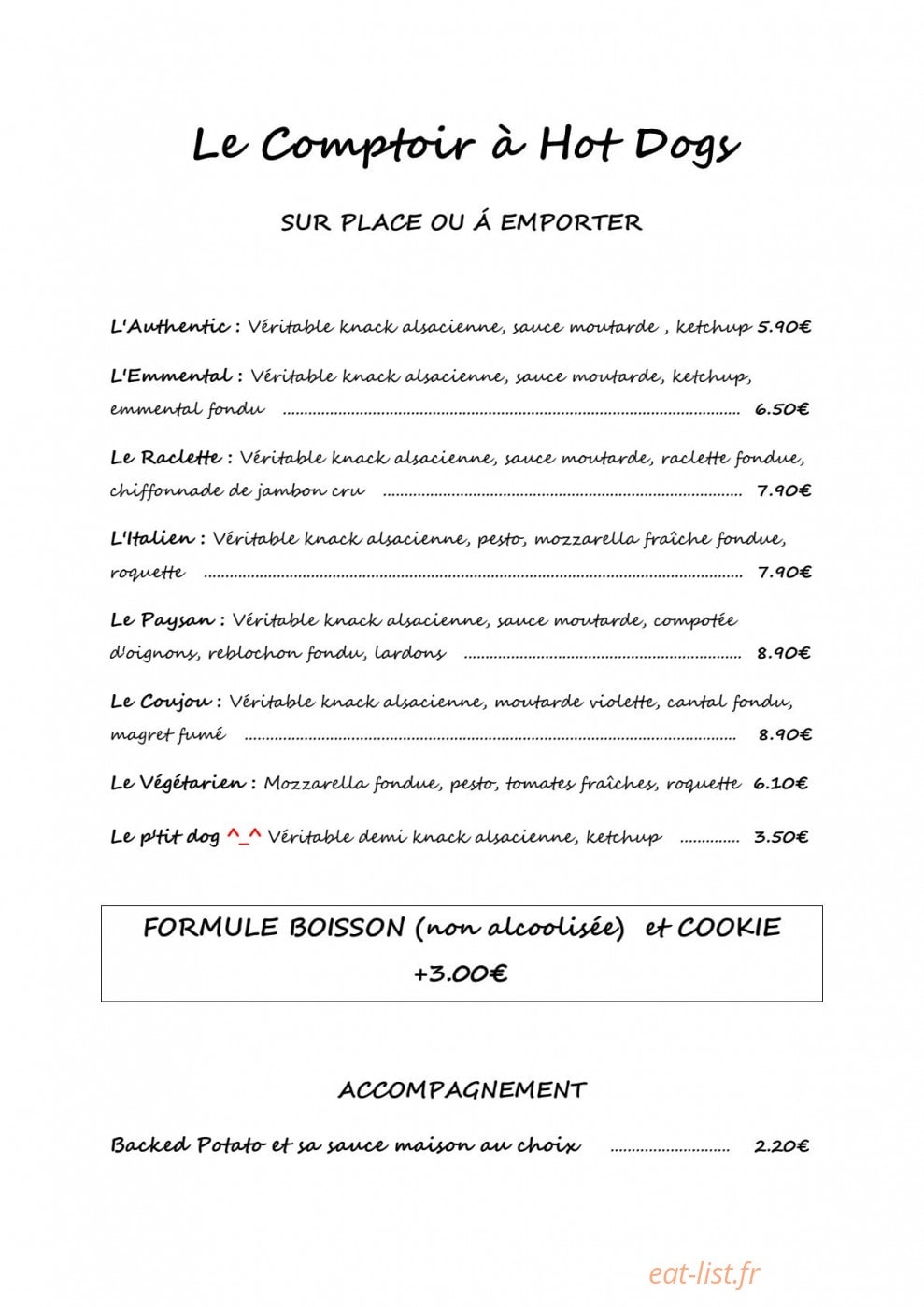 Le Comptoir à Hot Dogs — carte page 1