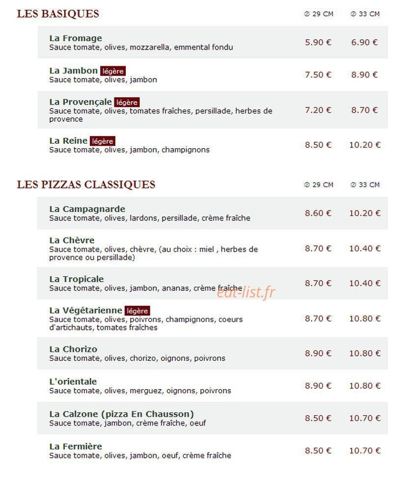 Le Kiosque à Pizzas — carte page 1