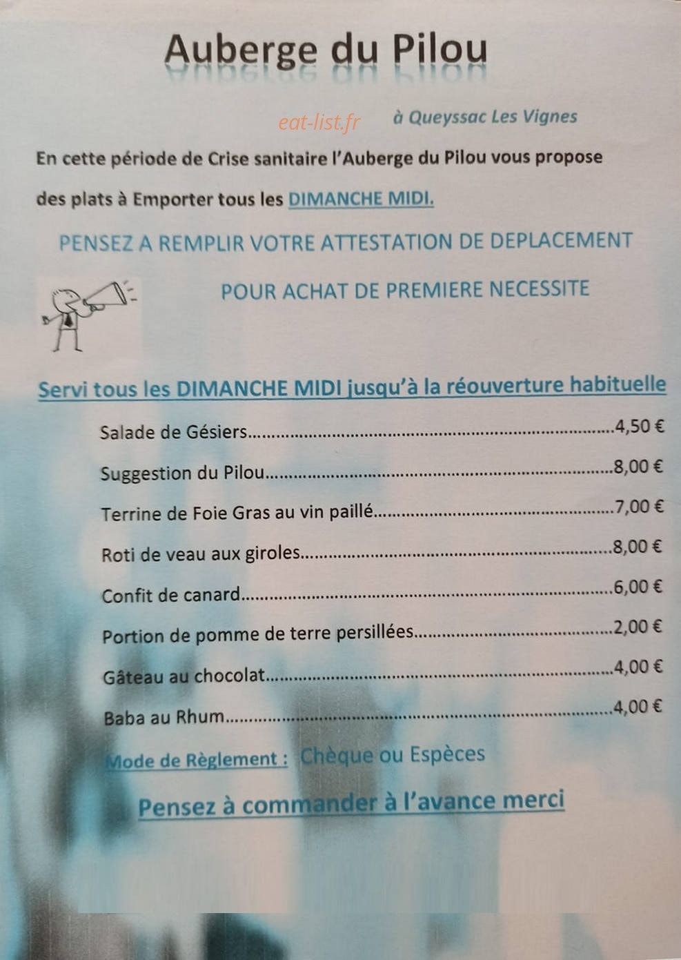 Auberge du Pilou — carte page 1