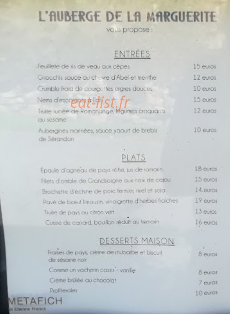Carte et menu de Auberge de la Marguerite à Saint Hilaire Luc — Les entrées , plats et desserts