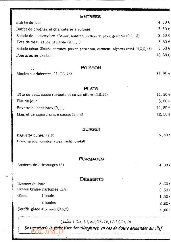 Carte et menu de Auberge des Bruyères à Saint Hilaire les Courbes — La carte