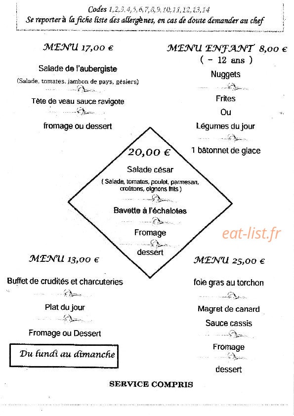 Carte et menu de Auberge des Bruyères à Saint Hilaire les Courbes — Les menus