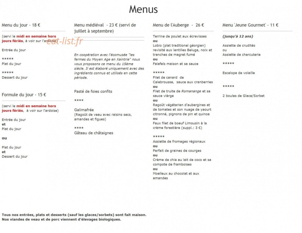 Carte et menu de Auberge de Saint Julien aux Bois à Saint Julien Aux Bois — Les menus