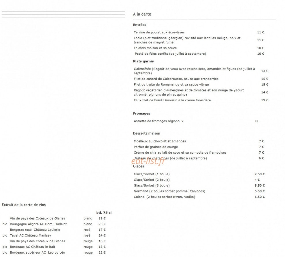 Carte et menu de Auberge de Saint Julien aux Bois à Saint Julien Aux Bois — Les plats à la carte et vins