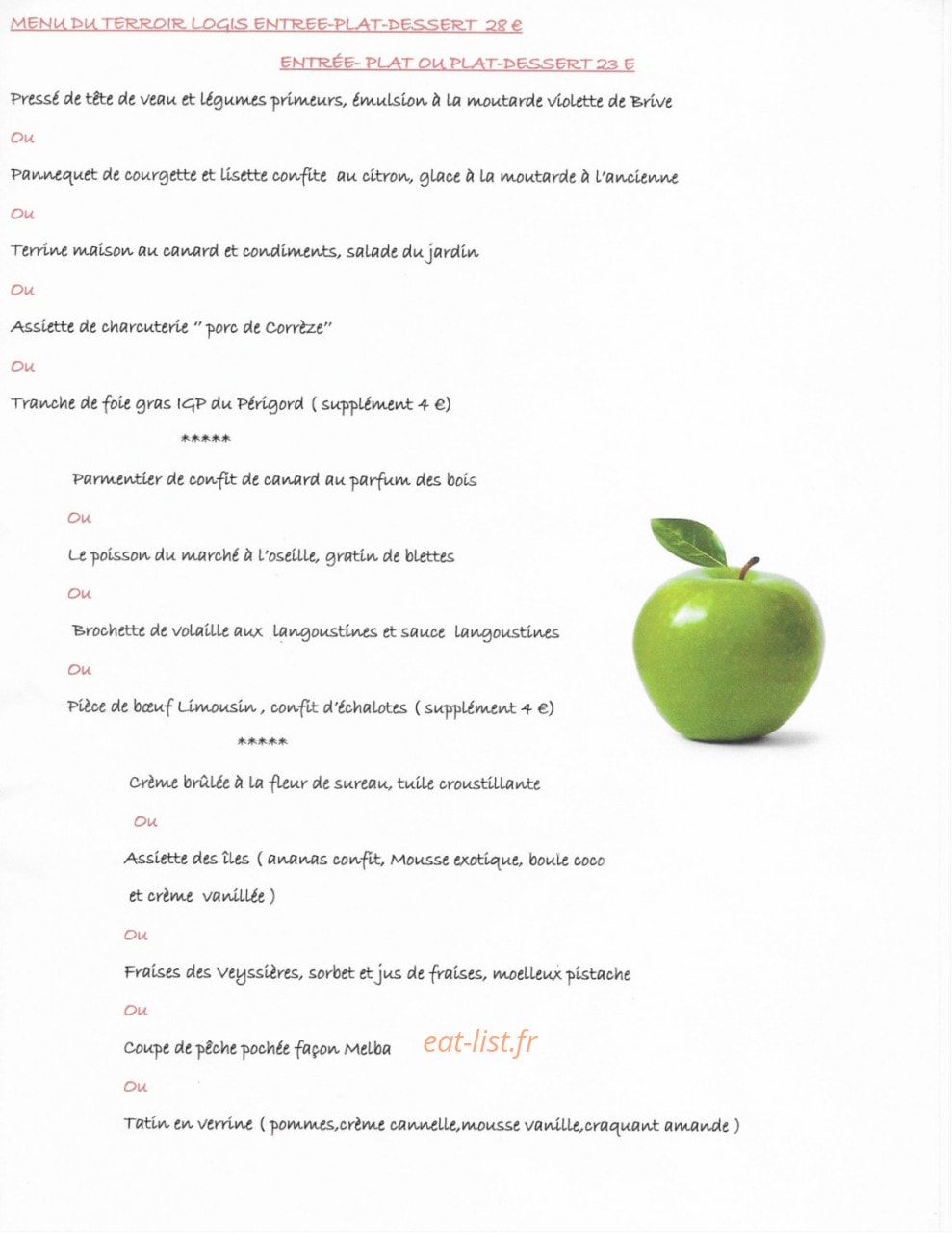 Auberge de la Mandrie — carte page 1