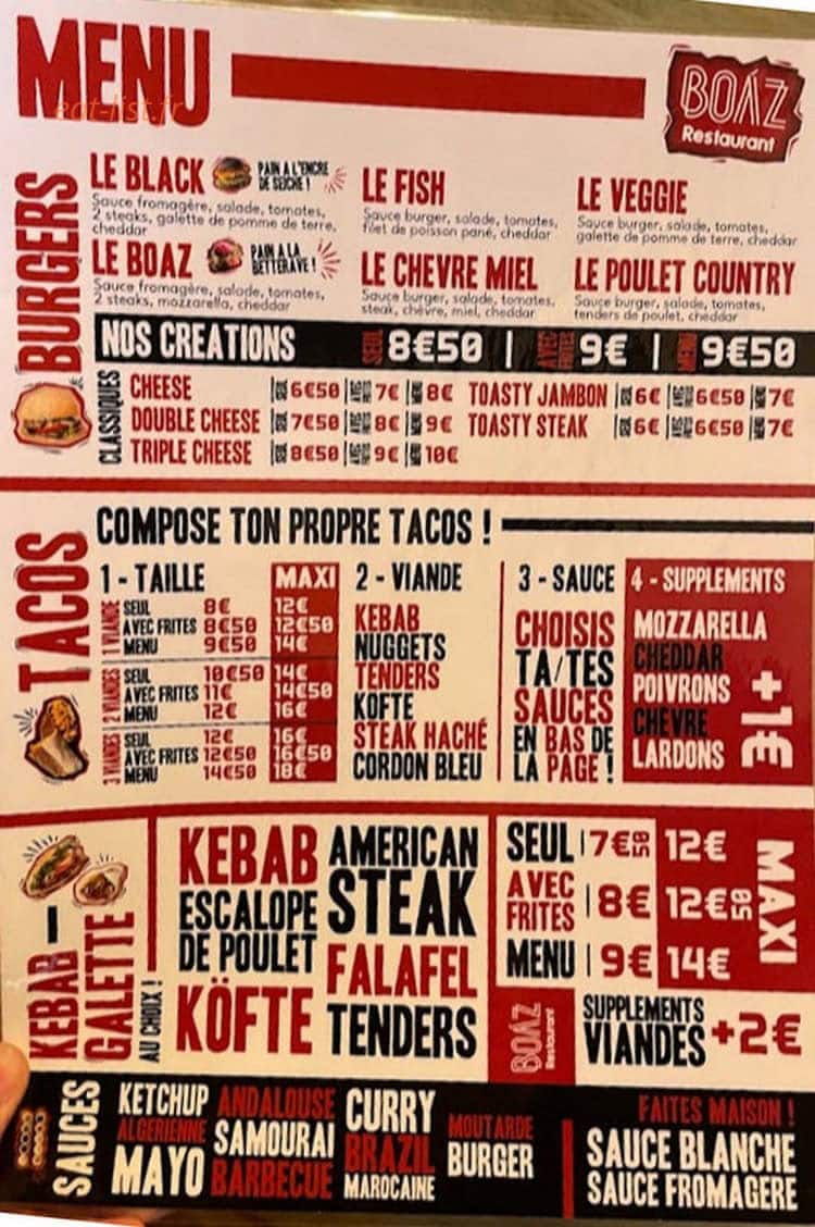 Boaz Restaurant — carte page 1