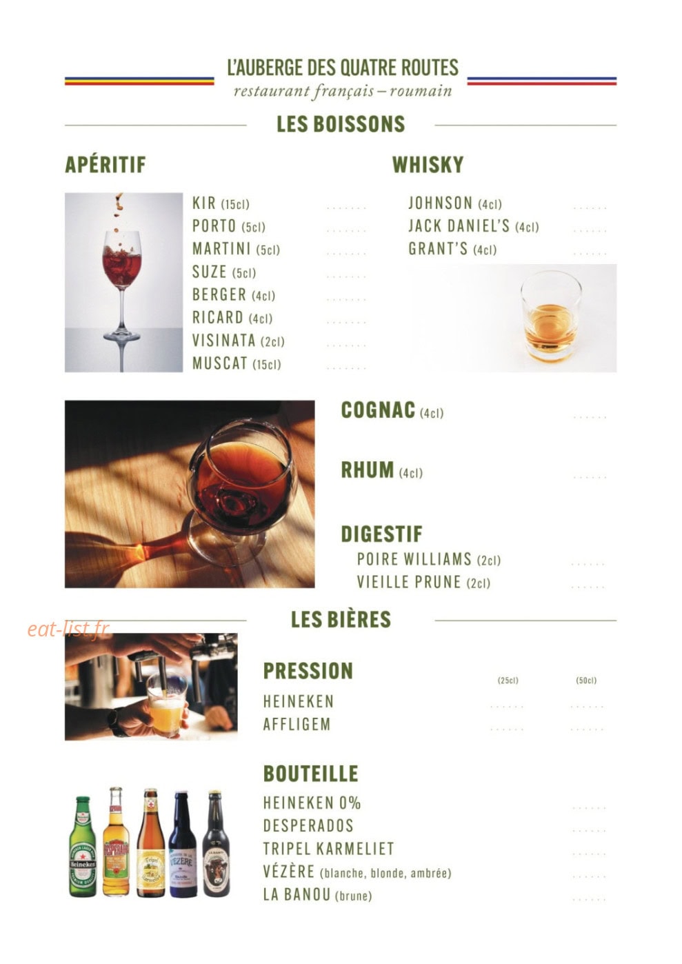 Carte et menu de L'auberge des quatre routes à Albussac — Les boissons