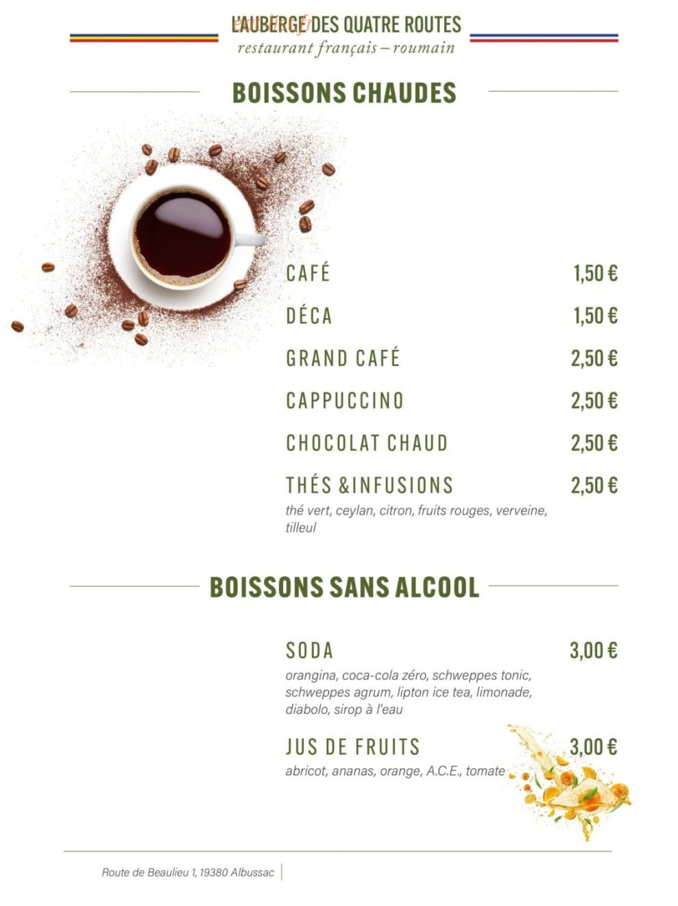 Carte et menu de L'auberge des quatre routes à Albussac — Les boissons chaudes, boissons sans alcool