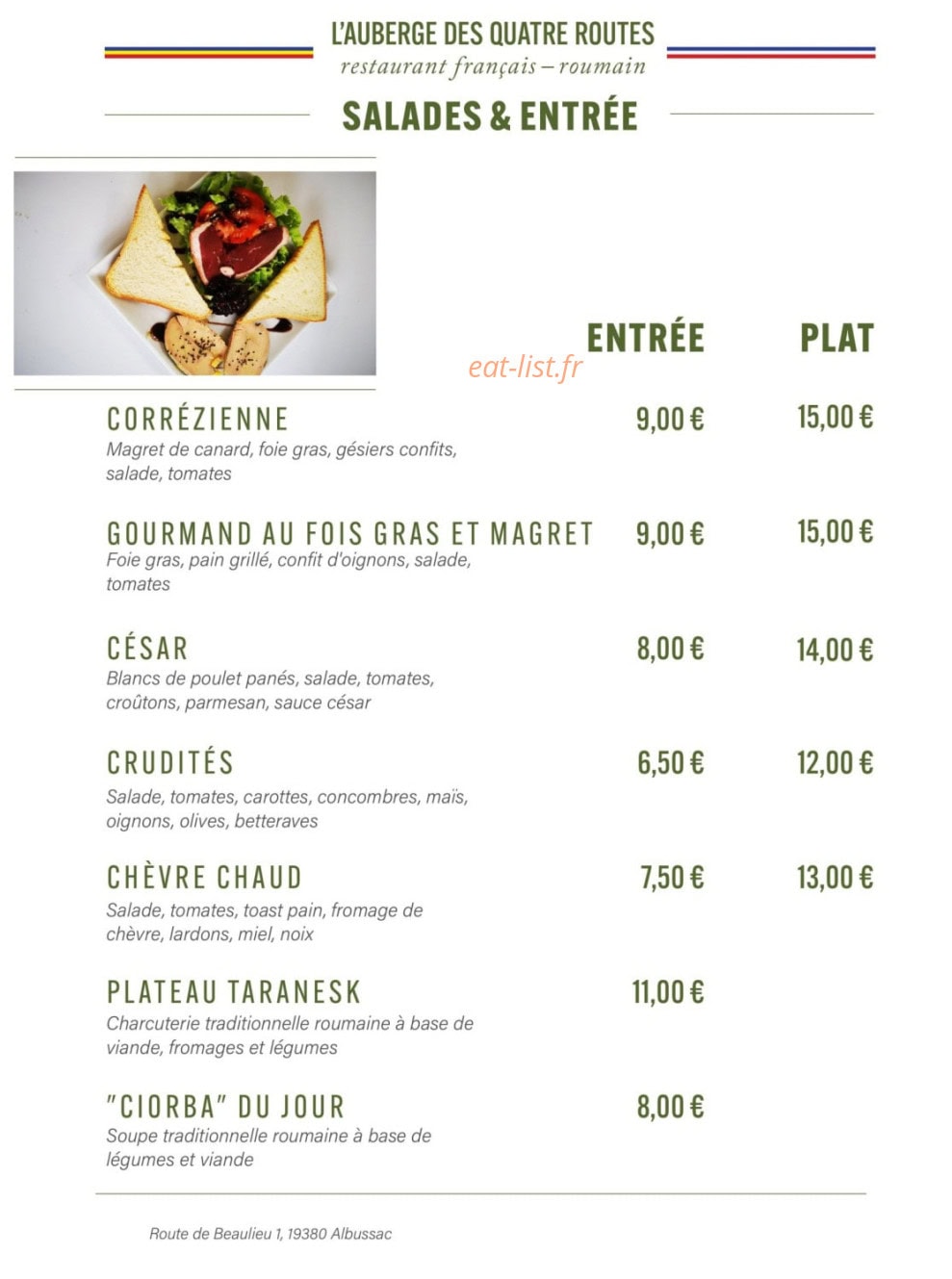 Carte et menu de L'auberge des quatre routes à Albussac — Les salades, entrées