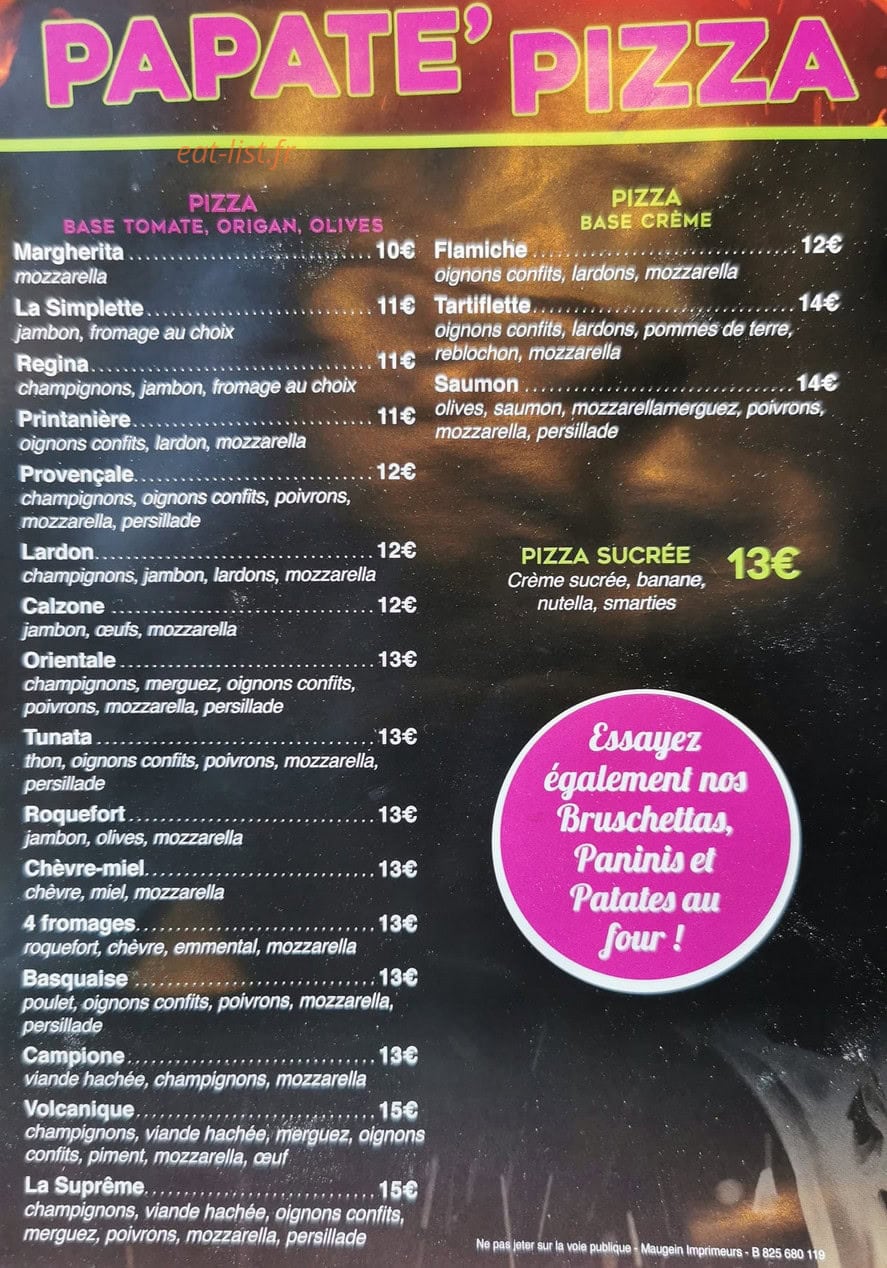 Papate'pizza — carte page 1