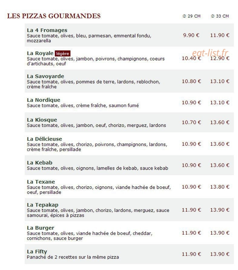 Le Kiosque à Pizzas — carte page 1