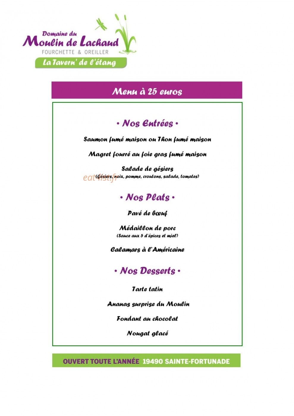 Carte et menu de Domaine Du Moulin De Lachaud à Sainte Fortunade — Le menu à 25€