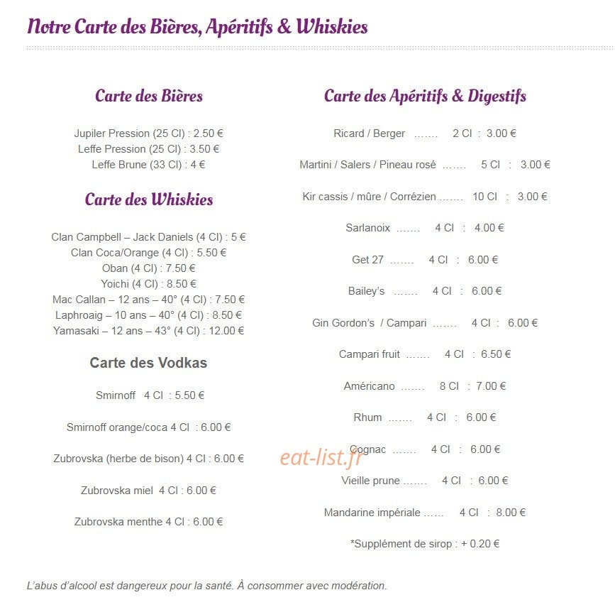 Carte et menu de Domaine Du Moulin De Lachaud à Sainte Fortunade — Les bières, apéritifs et whiskies