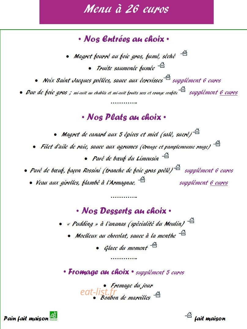 Carte et menu de Domaine Du Moulin De Lachaud à Sainte Fortunade — Le menu à 26€