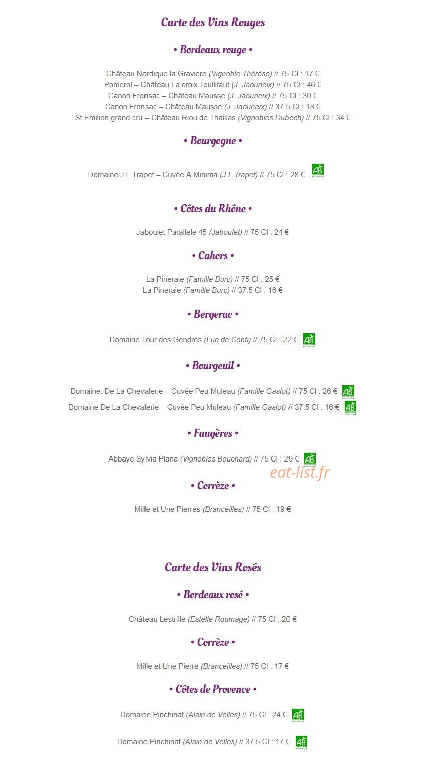 Carte et menu de Domaine Du Moulin De Lachaud à Sainte Fortunade — Les vins