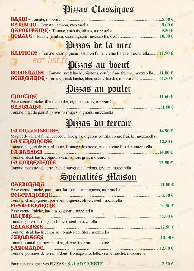 Carte et menu de Pizzeria Lou Brasier à Collonges la Rouge — Les pizzas: classiques, de la mer,au poulet,...