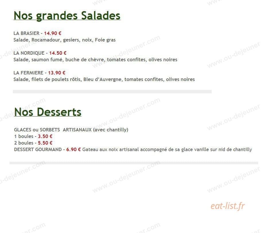 Carte et menu de Pizzeria Lou Brasier à Collonges la Rouge — Les grandes salades, desserts