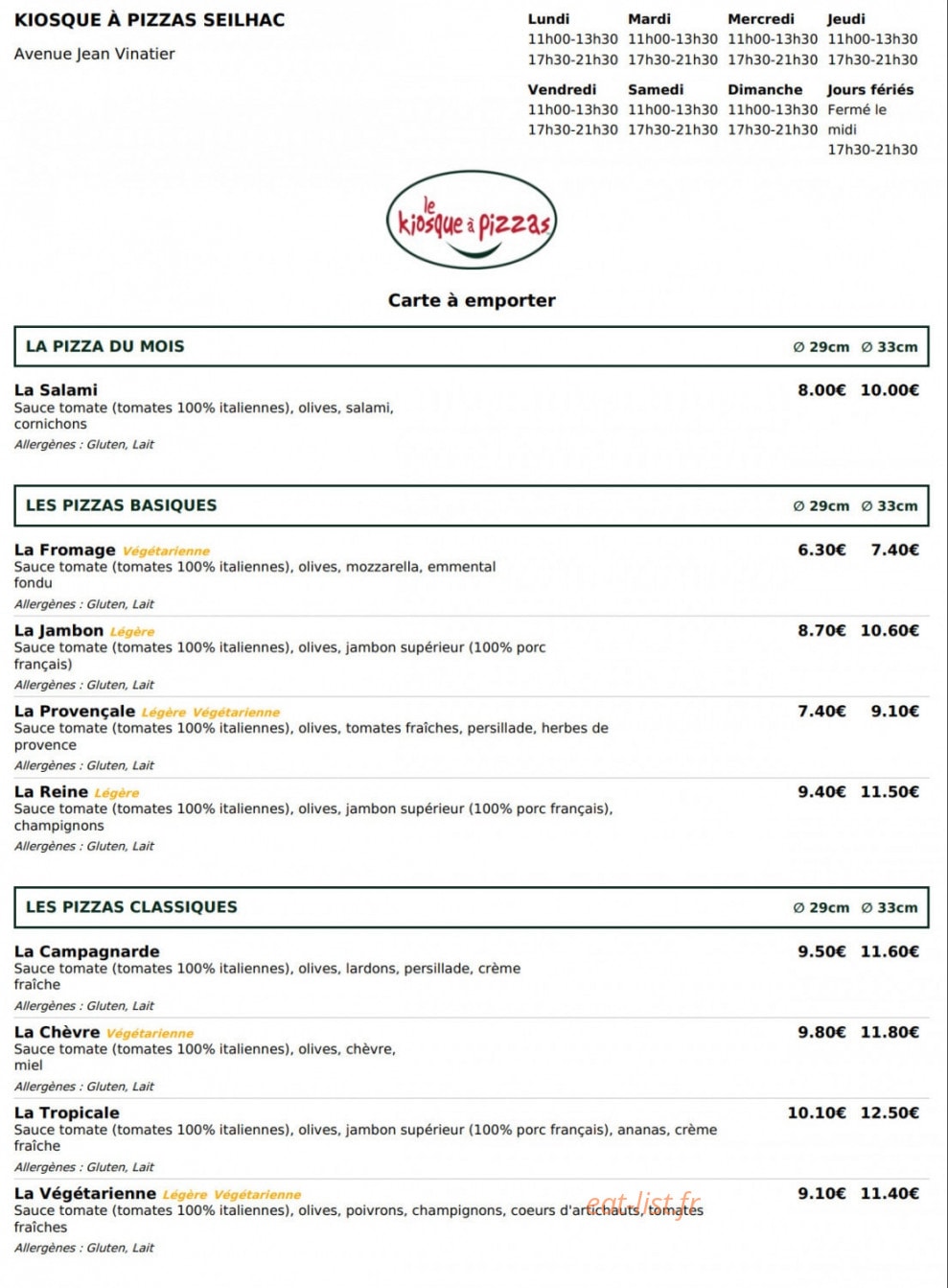 Le Kiosque à Pizzas — carte page 1