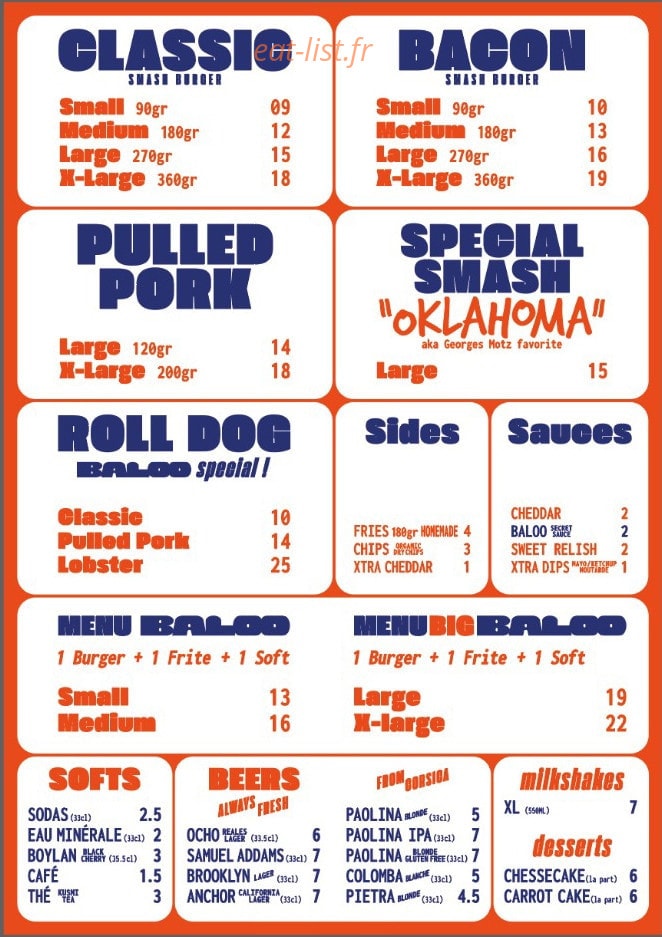 Baloo Smash Burger — carte page 1
