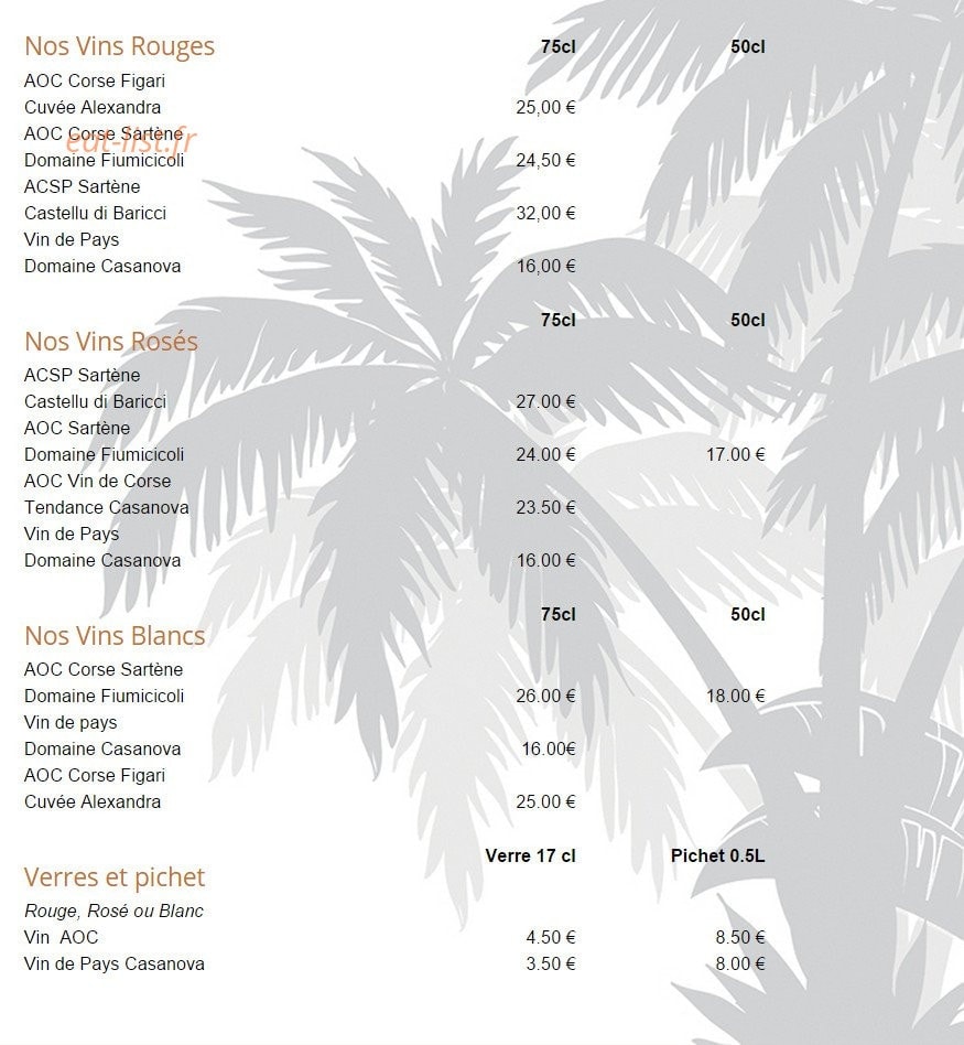 Carte et menu de Paillote Tahiti Beach à Ajaccio — Les vins