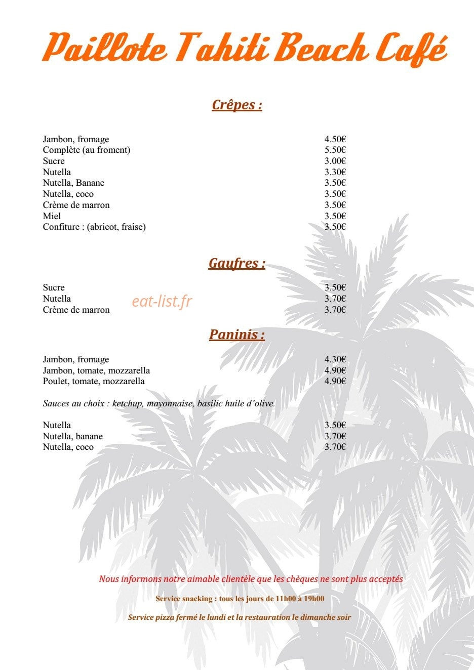 Carte et menu de Paillote Tahiti Beach à Ajaccio — Les crêpes, gaufres et paninis