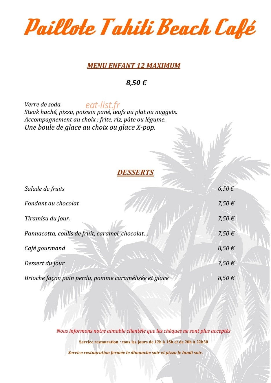 Carte et menu de Paillote Tahiti Beach à Ajaccio — Le menu enfant