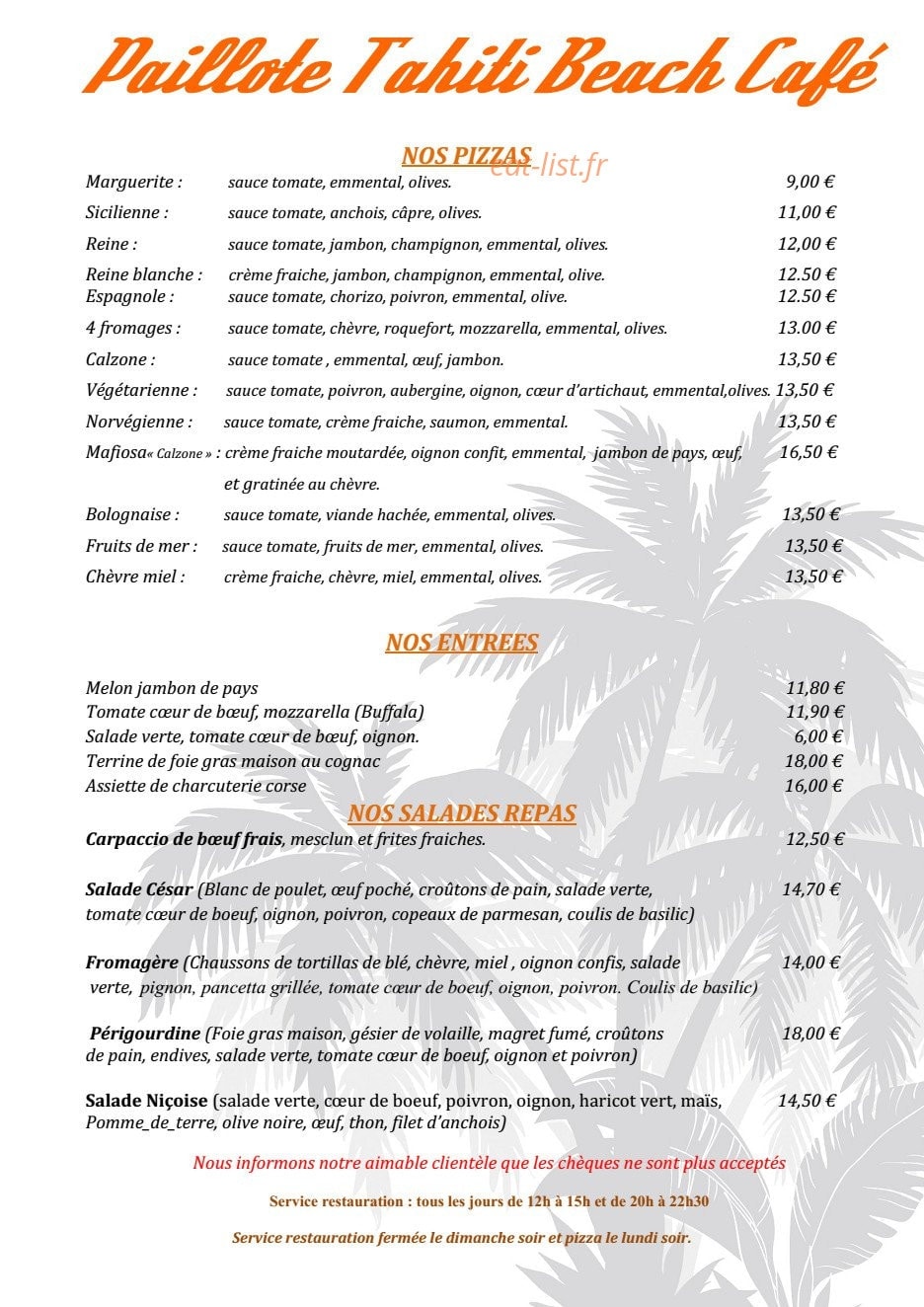 Carte et menu de Paillote Tahiti Beach à Ajaccio — Les pizzas, entrées et salades