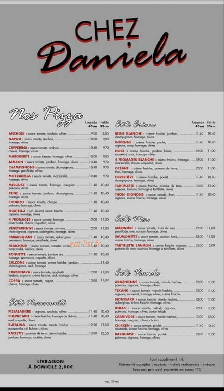 Pizza chez Daniela — carte page 1