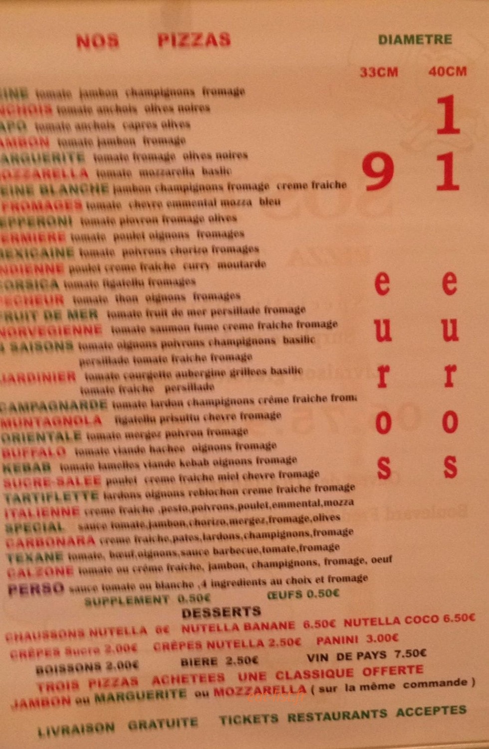 SOS Pizza — carte page 2