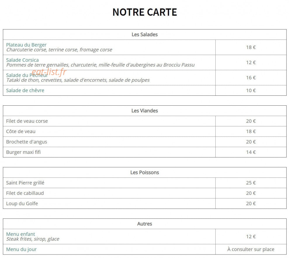 Carte et menu de Chez Pierre Paul U spuntinu à Belvedere Campomoro — Les plats à la carte