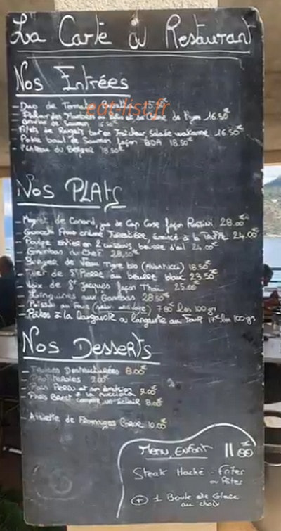 Carte et menu de Restaurant des Amis à Belvedere Campomoro — L'ardoise
