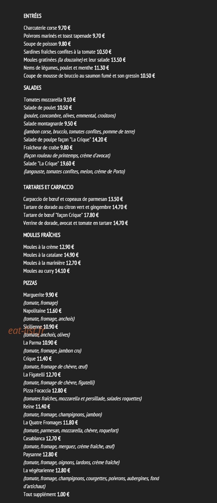 Restaurant La Crique — carte page 1