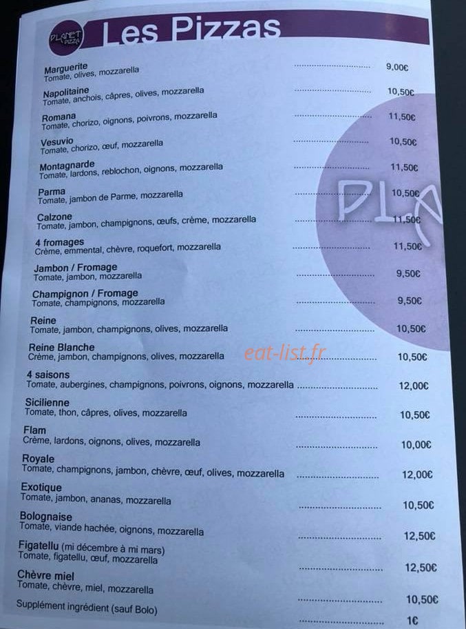 Planet Pizza — carte page 2