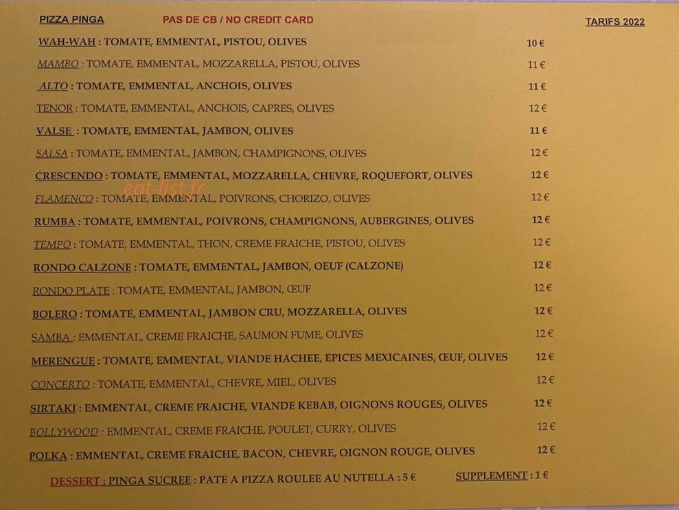 Pizza Pinga — carte page 1