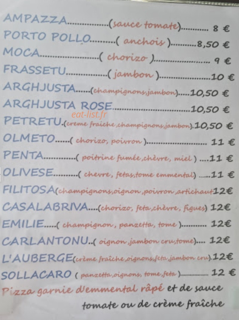 Carte et menu de Auberge Chez Marie à Petreto Bicchisano — Les pizzas