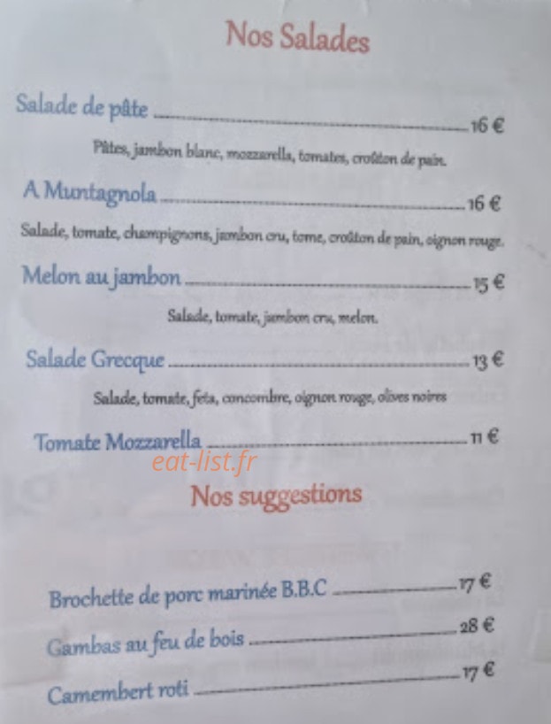 Carte et menu de Auberge Chez Marie à Petreto Bicchisano — Les salades et suggestions