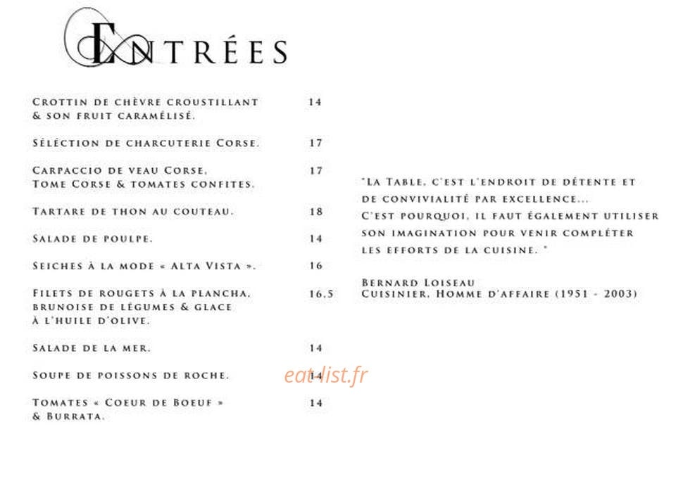 Carte et menu de L' Alta Vista à Porticcio — Les entrées