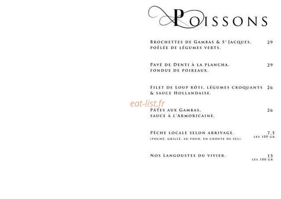 Carte et menu de L' Alta Vista à Porticcio — Les poissons