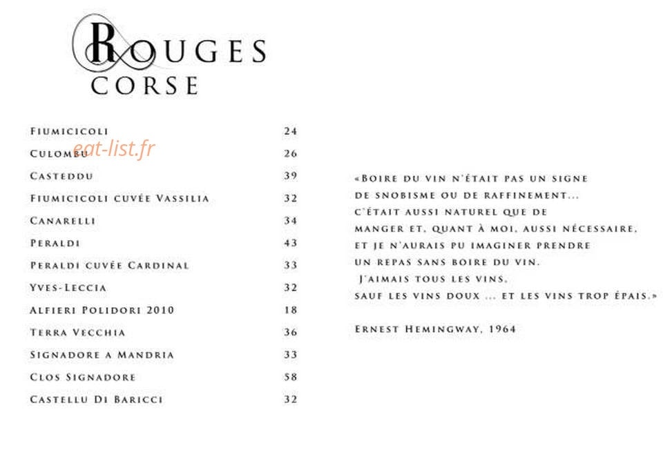 Carte et menu de L' Alta Vista à Porticcio — Les vins