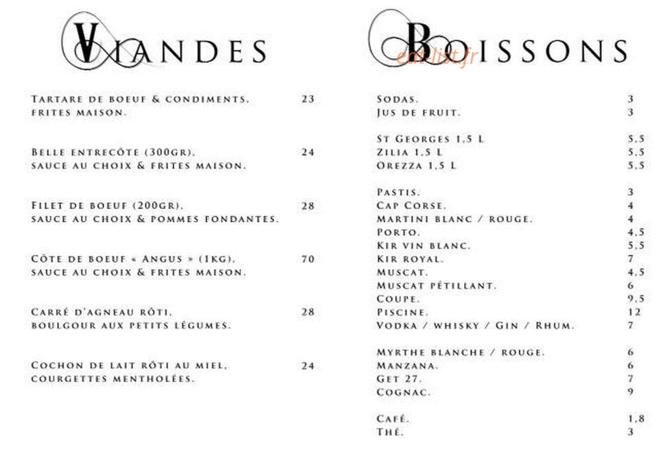 Carte et menu de L' Alta Vista à Porticcio — Les viandes et boissons